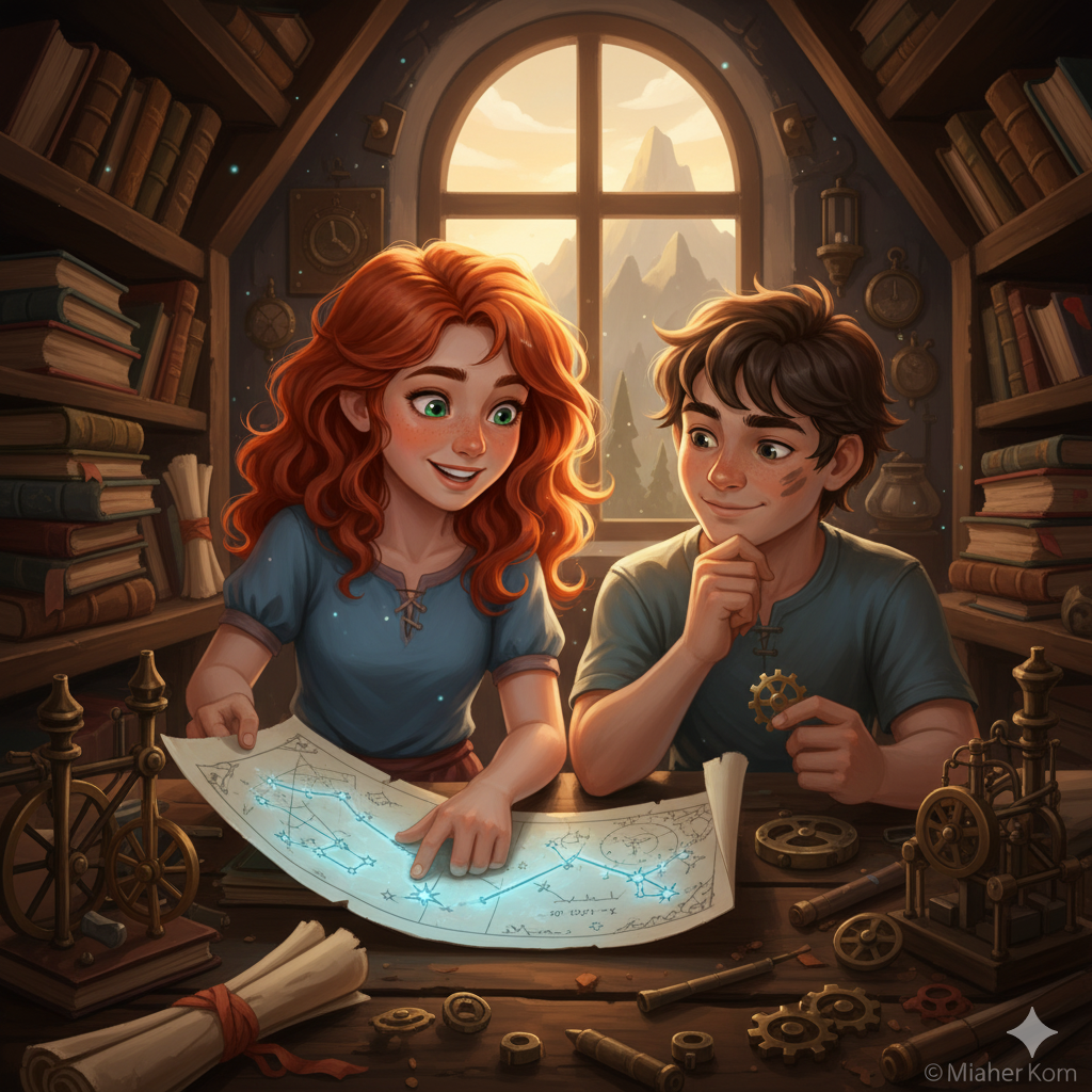 Elara and Kael are in a cozy, slightly cluttered study, filled with old books, scrolls, and maybe a few of Kael's half-finished inventions.