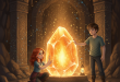 Elara and Kael stand triumphantly in a breathtaking chamber. In the center, the Sunstone of Aeridor is brilliantly re-ignited, pulsating with a warm, golden-orange light that fills the entire space and pushes back the shadows.