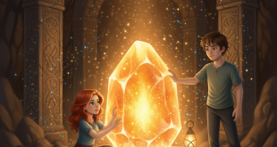 Elara and Kael stand triumphantly in a breathtaking chamber. In the center, the Sunstone of Aeridor is brilliantly re-ignited, pulsating with a warm, golden-orange light that fills the entire space and pushes back the shadows.