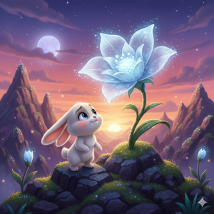 Moon Petal Flower - Pip is standing next to Moon Petal Flower, which gently shining in the moonlight on the top of the Twinkle Mountains. Pip flower