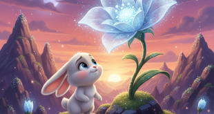 Moon Petal Flower - Pip is standing next to Moon Petal Flower, which gently shining in the moonlight on the top of the Twinkle Mountains. Pip flower