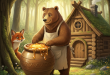 Barnaby the bear proudly stands in front of his cozy honey house in the Whispering Woods. He is polishing a giant, shimmering clay honey pot. Finn the fox peeks from behind a tree, looking at Barnaby.