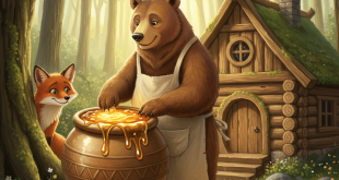 Barnaby the bear proudly stands in front of his cozy honey house in the Whispering Woods. He is polishing a giant, shimmering clay honey pot. Finn the fox peeks from behind a tree, looking at Barnaby.