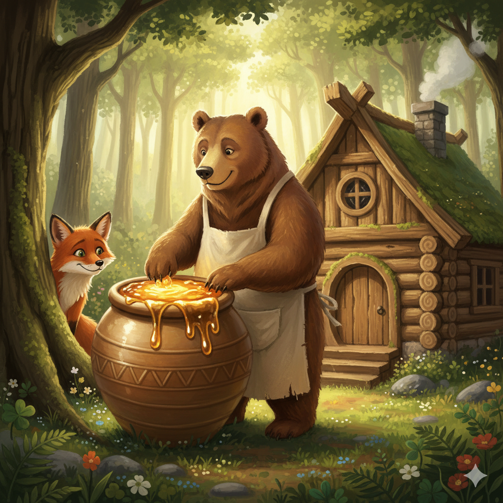 Barnaby the bear proudly stands in front of his cozy honey house in the Whispering Woods. He is polishing a giant, shimmering clay honey pot. Finn the fox peeks from behind a tree, looking at Barnaby.