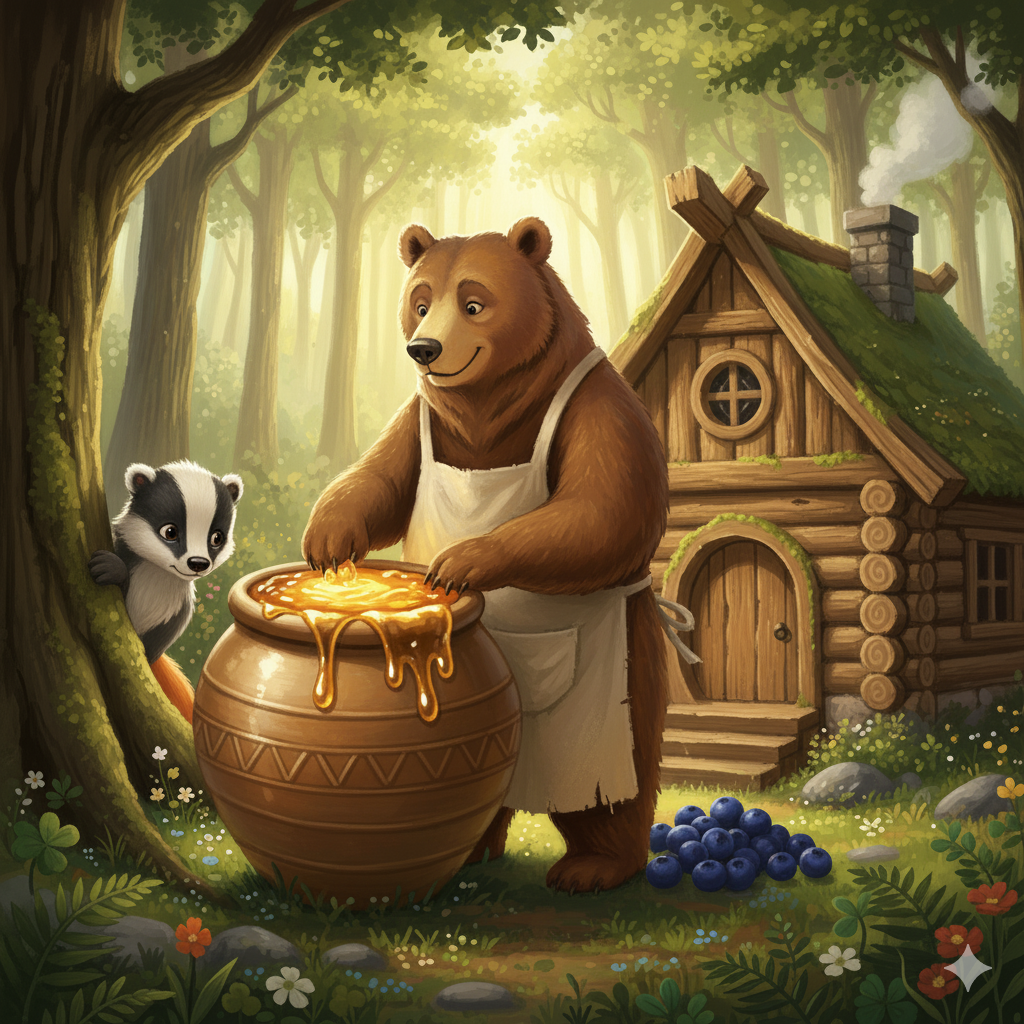 Finn the fox is introducing a shy badger named Pip to Barnaby. Pip is peeking out from behind a large oak tree. Barnaby is still focused on his honey pot, with blueberries next to it.