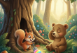 Squeaky, the little squirrel with a fluffy tail, is digging under a big oak tree in the Sparklewood Forest. His eyes are wide with excitement as he uncovers a small, smooth, glowing pebble that shimmers with rainbow colors.
