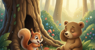 Squeaky, the little squirrel with a fluffy tail, is digging under a big oak tree in the Sparklewood Forest. His eyes are wide with excitement as he uncovers a small, smooth, glowing pebble that shimmers with rainbow colors.
