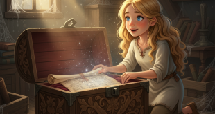 Lily has just opened the cover of an old, carved chest of an old, carved chest in a dusty environment between her grandmother or her grandfather's ceiling.