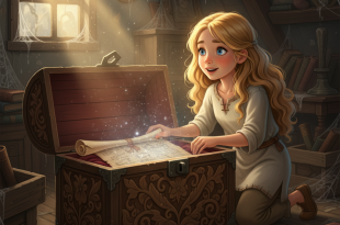 Lily has just opened the cover of an old, carved chest of an old, carved chest in a dusty environment between her grandmother or her grandfather's ceiling.