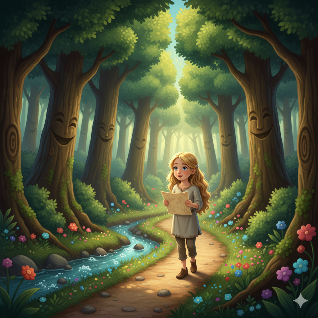Lily is moving through a narrow path towards the forest. He holds the map and looks around with his eyes curiously.